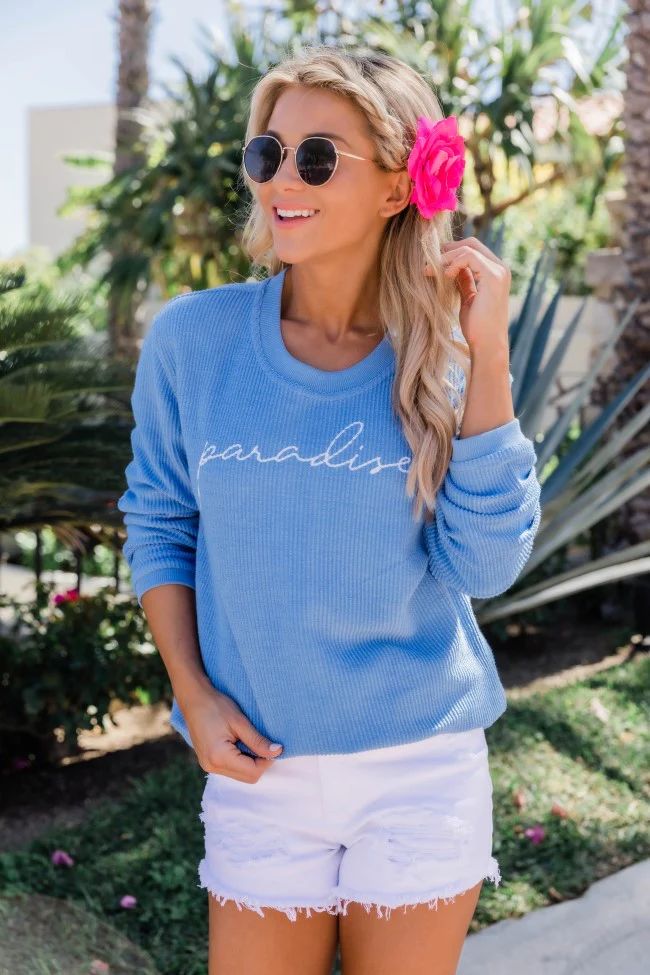 Paradise Script Blue Corded Graphic Sweatshirt | The Pink Lily Boutique