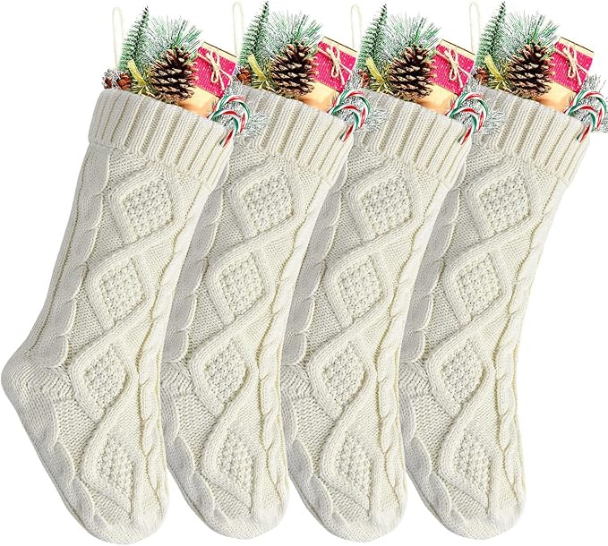 Kunyida 18" 4PCS Unique Ivory White Knitted Christmas Stockings,Style2 | Amazon (US)