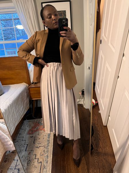 Simple work outfit pleated skirt, turtleneck and blazer 
J crew, Tibi , Sarah flint 

#LTKworkwear #LTKover40 #LTKU