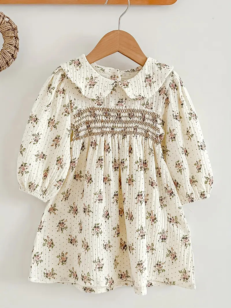 100% Cotton Dress For Girls, Retro Floral Print Doll Collar Shirred Pastoral Style Long Sleeve Dr... | Temu Affiliate Program