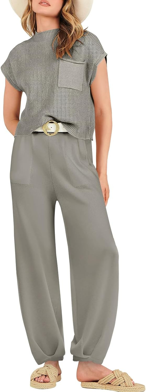ANRABESS Women's Two Piece Outfits Sweater Sets Knit Pullover Tops and High Waisted Pants Tracksu... | Amazon (US)