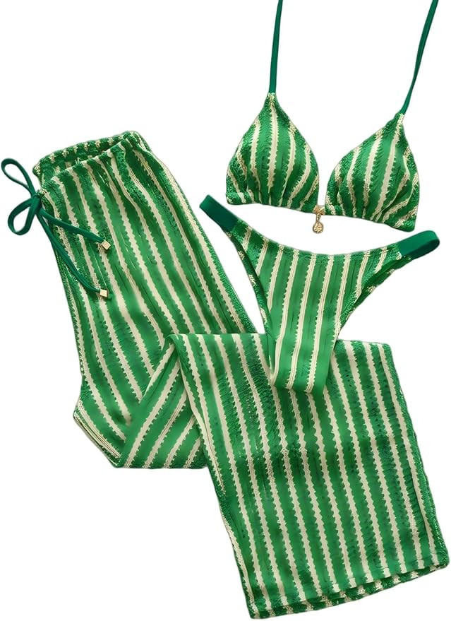 QJQ Women's 3 Piece Swimsuits Stripe Bikini Sets Boho Halter Bathing Suit Swim Pants High Cut Cut... | Amazon (US)