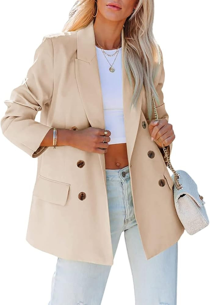 Womens Casual Blazers Double Breasted Lapel Collar Long Sleeve Work Office Jacket | Amazon (US)