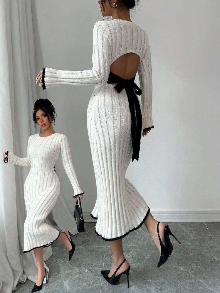 Elenzga Valentine's Day Backless Tie Strap Bowknot Contrast Trim Fitted Knit Sweater Dress | SHEIN