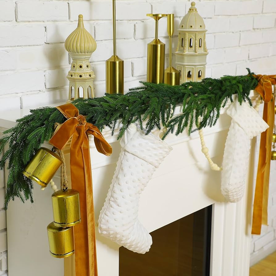 Glitinsel 1 Pcs Norfolk Pine Garland with 1 Pc Khaki Velvet Ribbon 3 Pcs Rustic Iron Wrought Bell... | Amazon (US)