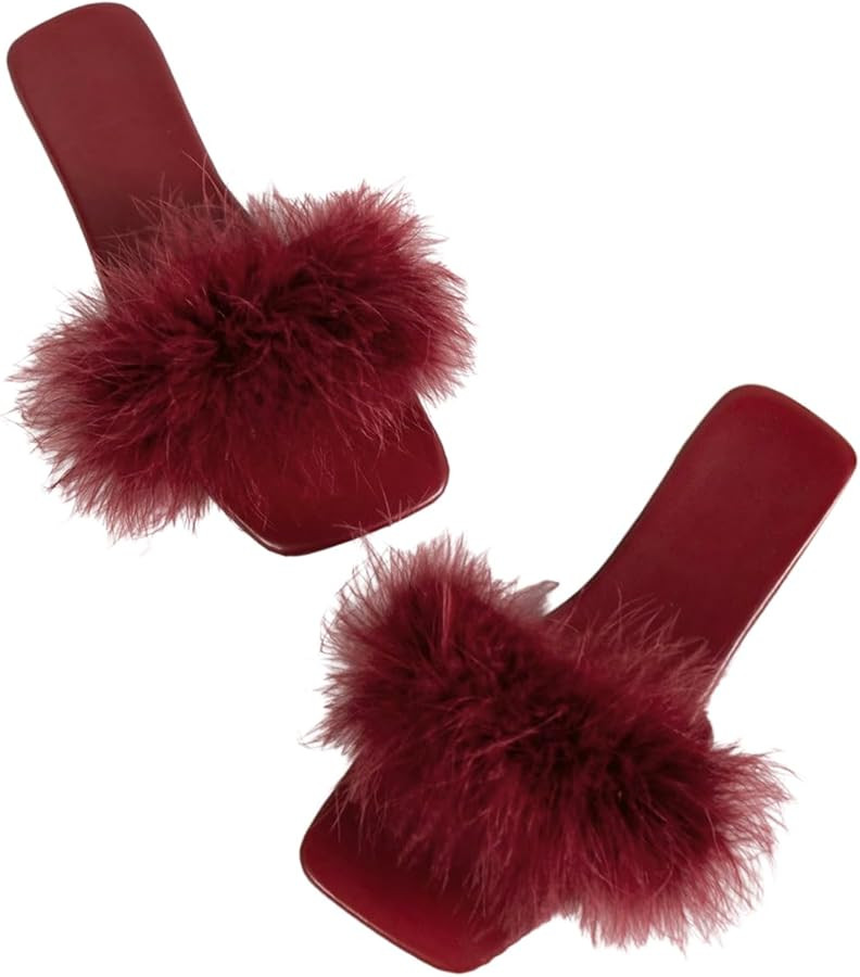 Women's Sexy Flat Sandals Fuzzy Feather Dressy Flat Sandals Slip On Square Slipper Open Toe Fuzzy... | Amazon (US)
