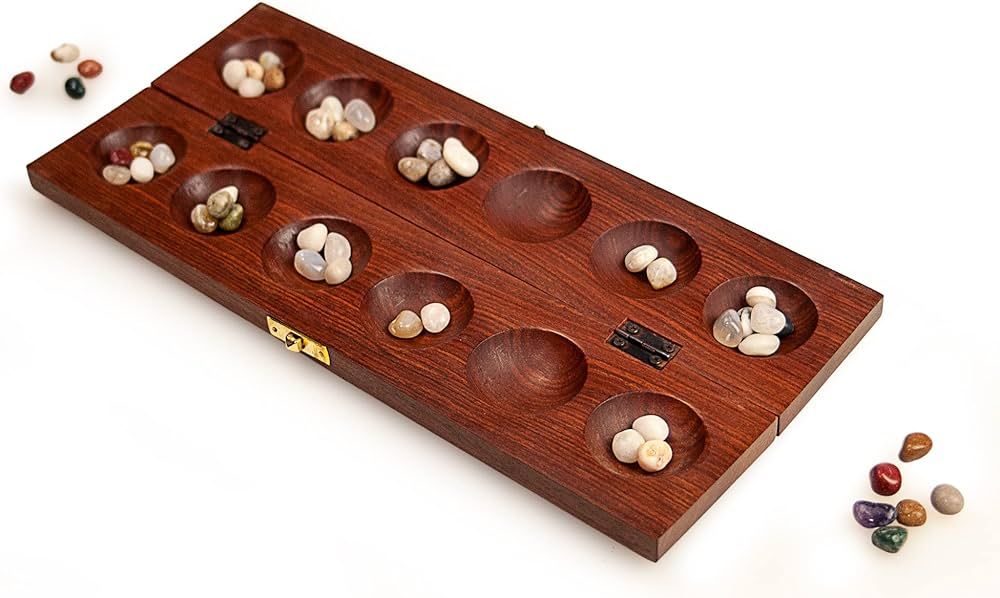 Sterling Games Wooden Mancala Board Game Cherry Finish with Real Stones 13” Wood Game Board | Amazon (US)