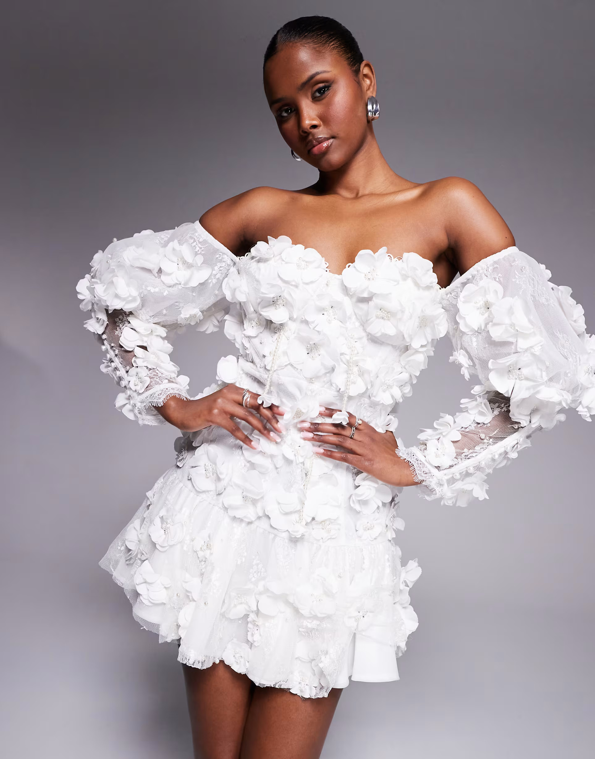 ASOS LUXE 3D floral embellished off shoulder puff sleeve mini dress in white | ASOS (Global)