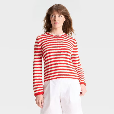 Women's Shrunken Crewneck Pullover Sweater - A New Day™ Red/White Striped XS | Target