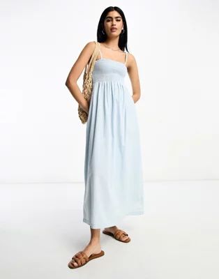ASOS DESIGN soft denim bandeau midi dress in lightwash blue | ASOS (Global)