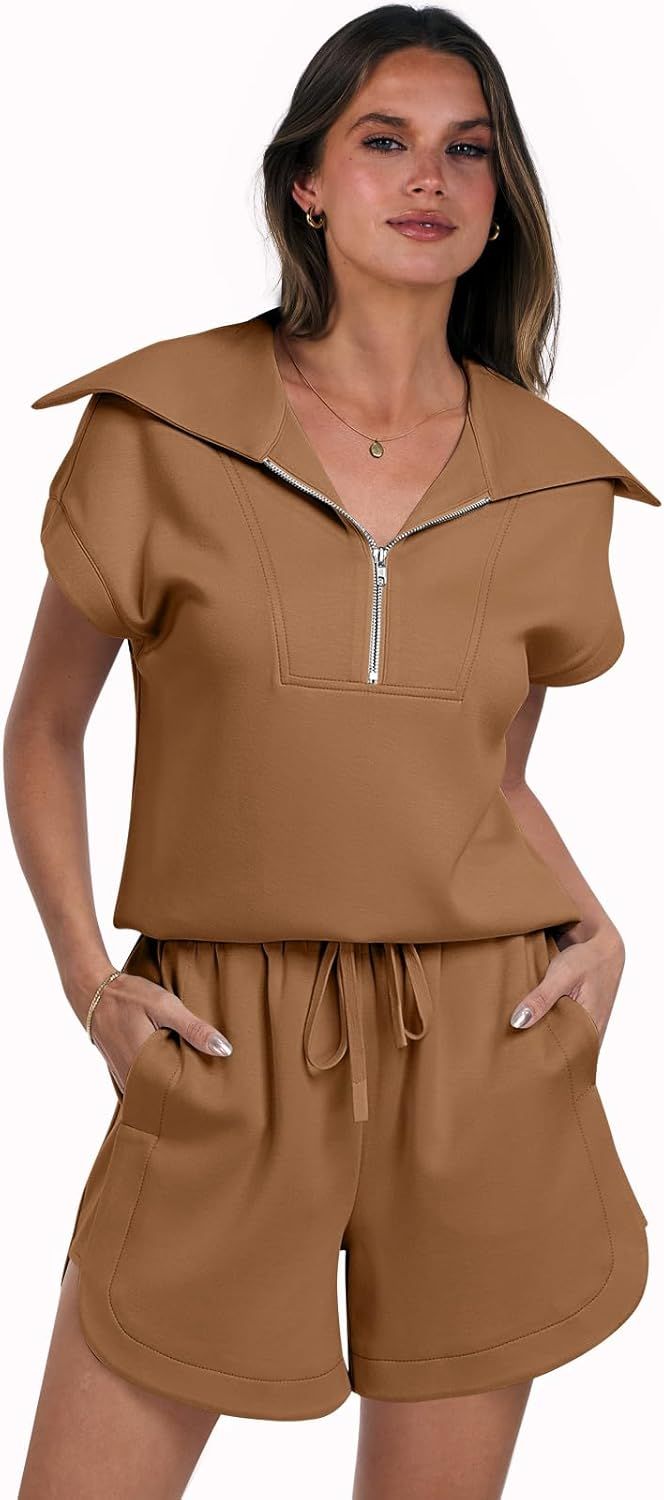 ANRABESS Women 2 Piece Outfits Sweatsuit Half Zip Lapel Collar Short Sleeve Tops Sweat Sho... | Amazon (US)