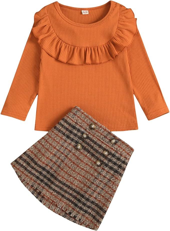 Little Kids Toddler Baby Girl Fashion Outfits Knitted T-Shirt Tops Plaid Mini Skirt Set 2Pcs Spri... | Amazon (US)