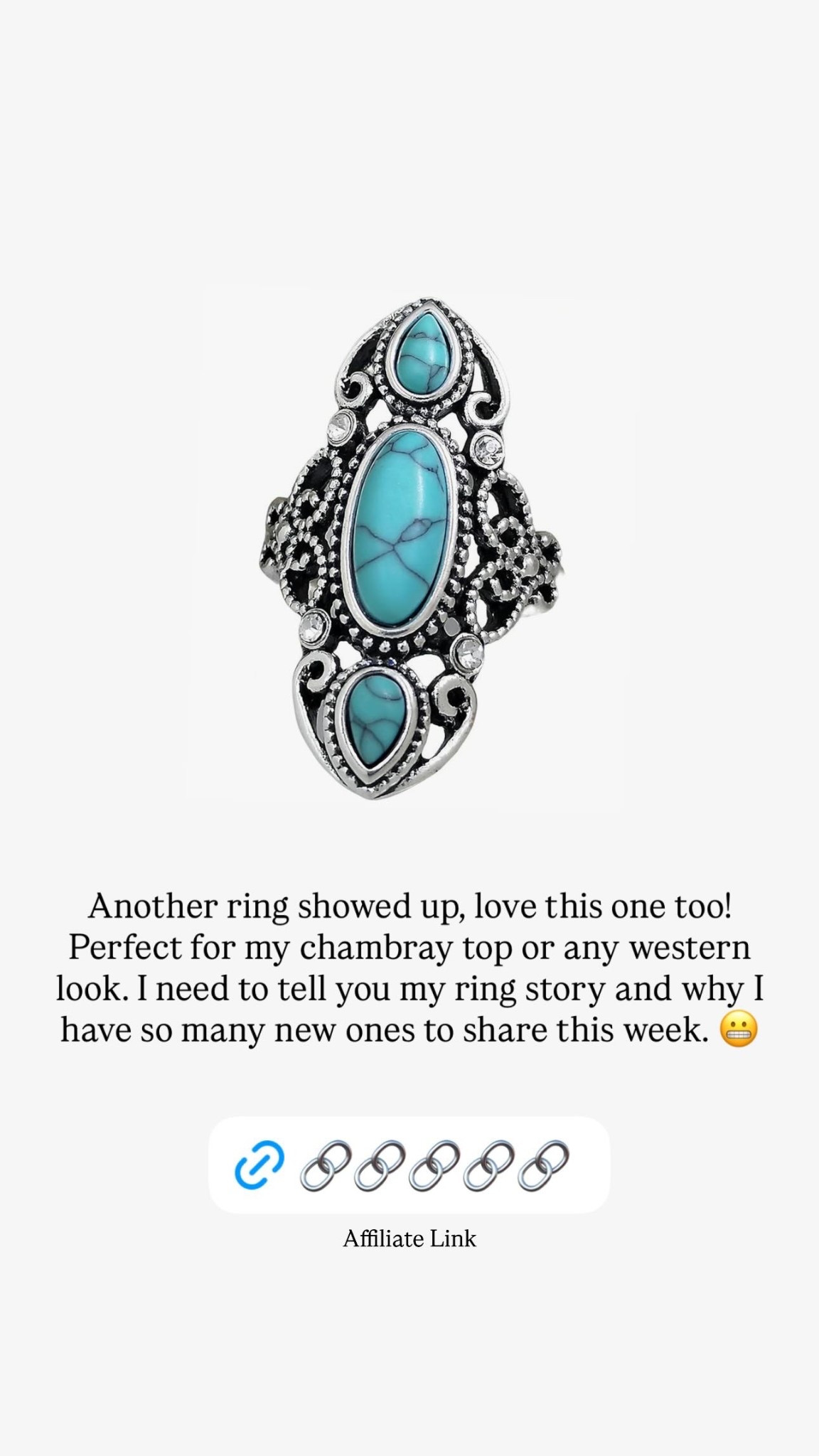 Affiliate Link Another ring showed up, love this one too! Perfect for my chambray top or any western look. I need to tell you my ring story and why I have so many new ones to share this week. 😬
