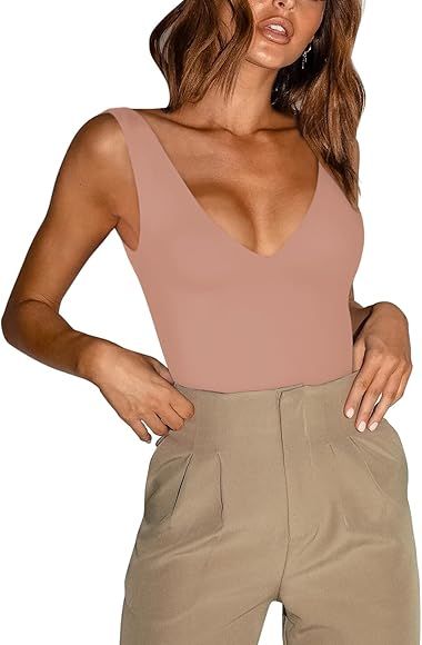 REORIA Women\u2019s Sexy Plunge Deep V Neck Sleeveless V Backless Going Out Tank Bodysuits Tops | Amazon (US)