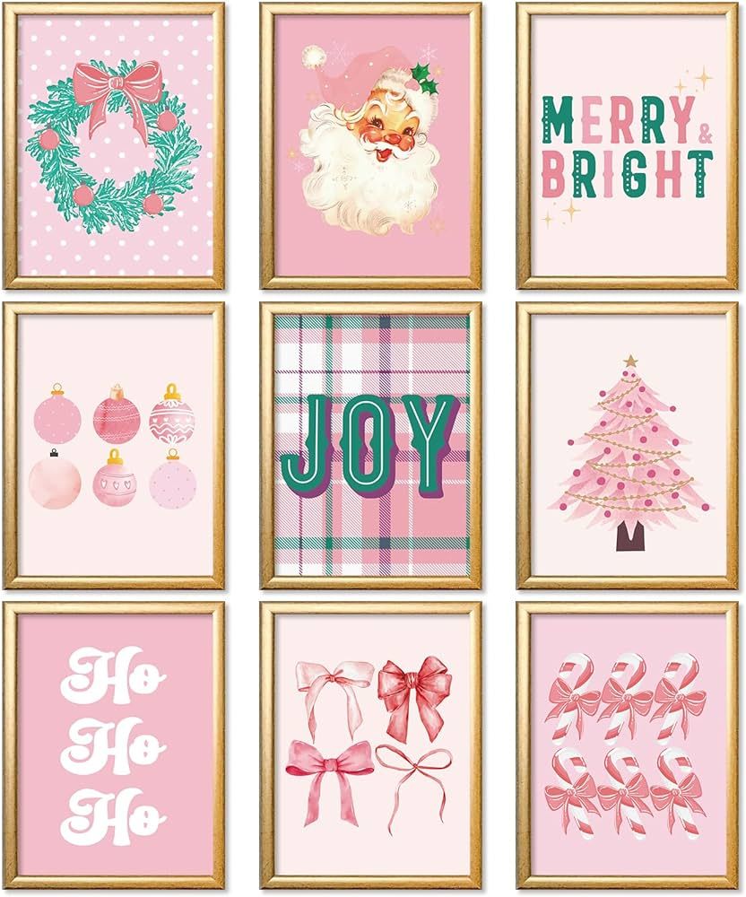 AnyDesign Pink Christmas Wall Art Prints Vintage Santa Xmas Tree Posters Merry Bright Paper Wall ... | Amazon (US)