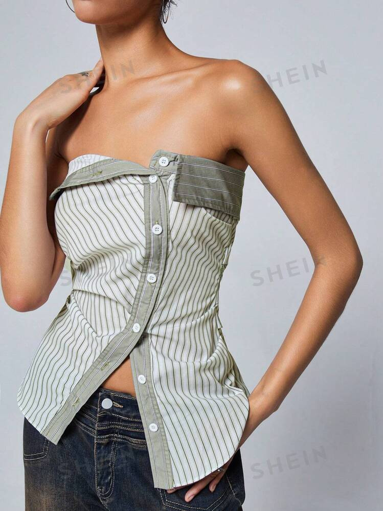 TrendsSHEIN Affinna Striped Print Button Front Tube Top For Summer | SHEIN