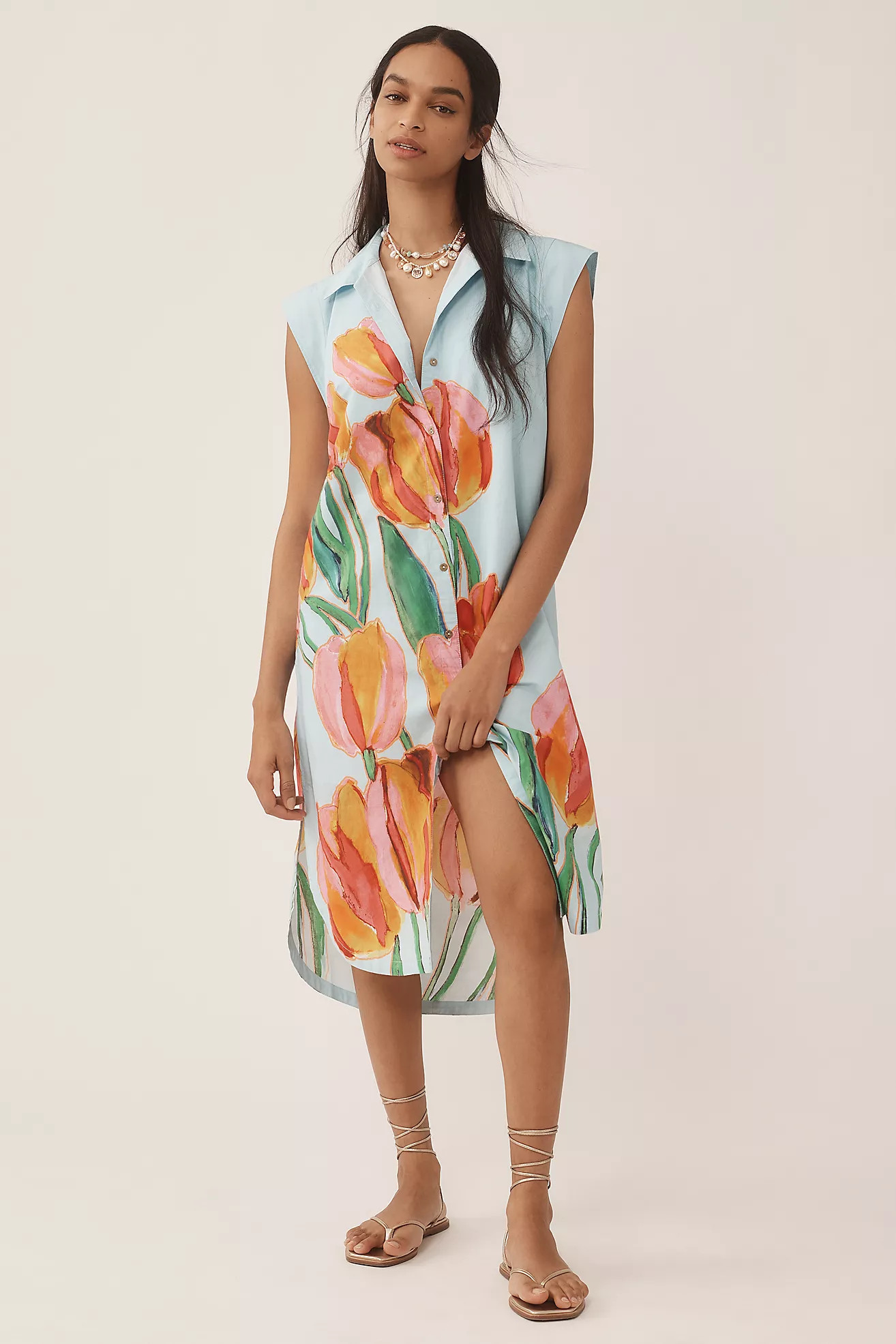 The Lillian Cap-Sleeve Button-Front Midi Dress by Maeve | Anthropologie (US)