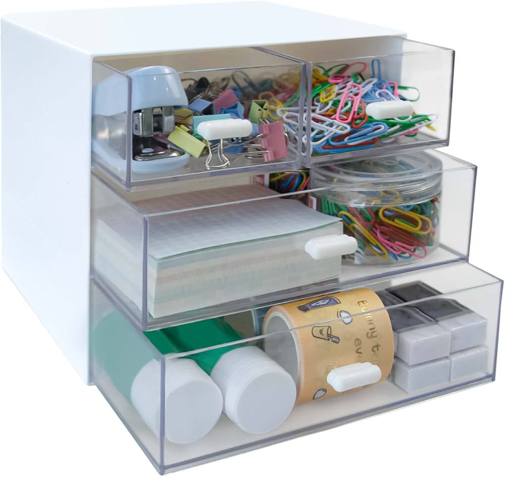 Desk Organizer with Drawer, Desk Storage Box, Plastic Office Stationery Supplies Organizers, Desk... | Amazon (US)