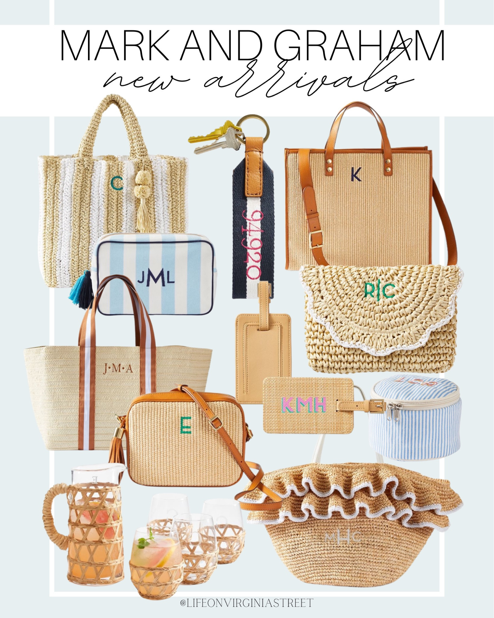 Mark and Graham new spring arrivals are here! This include beach totes, purses, luggage tags, makeup bags, pitcher and glasses, keychains, clutch bags, and more! 

mark and graham, mark and graham new arrivals, spring bag, beach bag, beach tote, coastal style, resort wear, travel accessories, travel finds, beach finds, coastal home, makeup bags, coastal purse

#LTKFind #LTKstyletip #LTKSeasonal