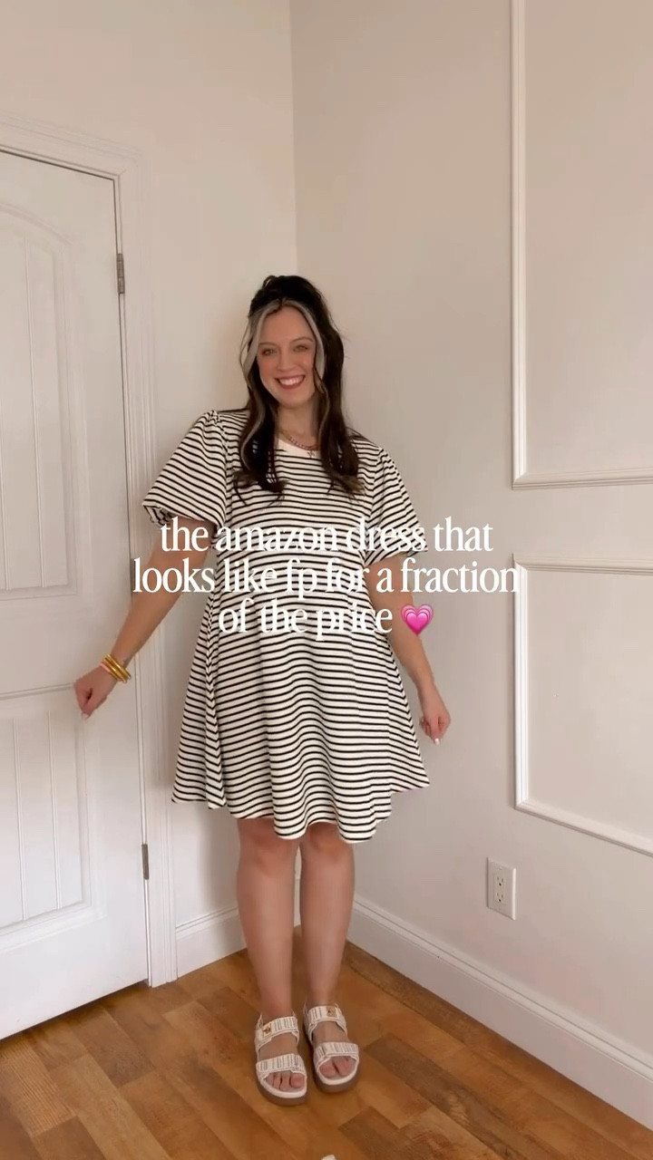 Comment DRESS to shop this gorgeous striped puff sleeve dress that looks like free people for a fraction of the price!! 🙌🏻 currently on sale so grab it now! 💗 wearing my regular size L! Follow @maciejade for more midsize fashion! 

free people dress | amazon sale | midsize fashion | midsize style | size 10 | size 12 | spring dress | look for less