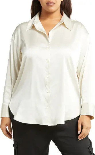 Open Edit High-Low Satin Button-Up Shirt in Olive Dusk at Nordstrom, Size 1X | Nordstrom