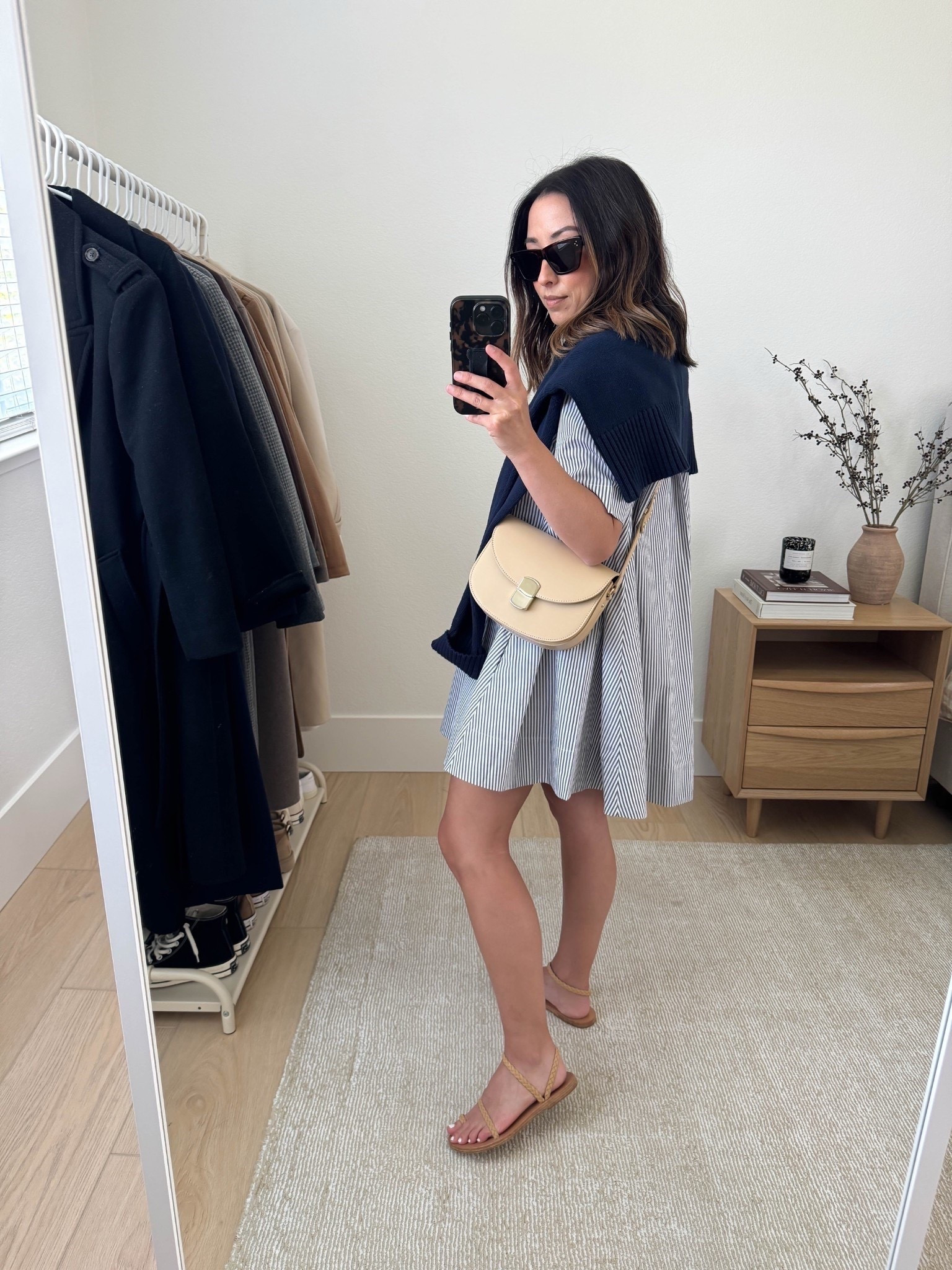 This Aritzia swing dress is the cutest! I love the extra fabric in the back, adds interest and elevates the dress. I found the xs to fit snug in the shoulders, so for me I need to size up. good length on petites. 

Aritzia dress xs. Need the small
Everlane cotton sweater xs
Sezane bag
Ancient Greek sandals 35
Celine sunglasses 
J.Crew earrings
Dorsey James necklace 15"

Summer style, summer outfits, petite style 

#LTKShoeCrush #LTKSeasonal #LTKPetite