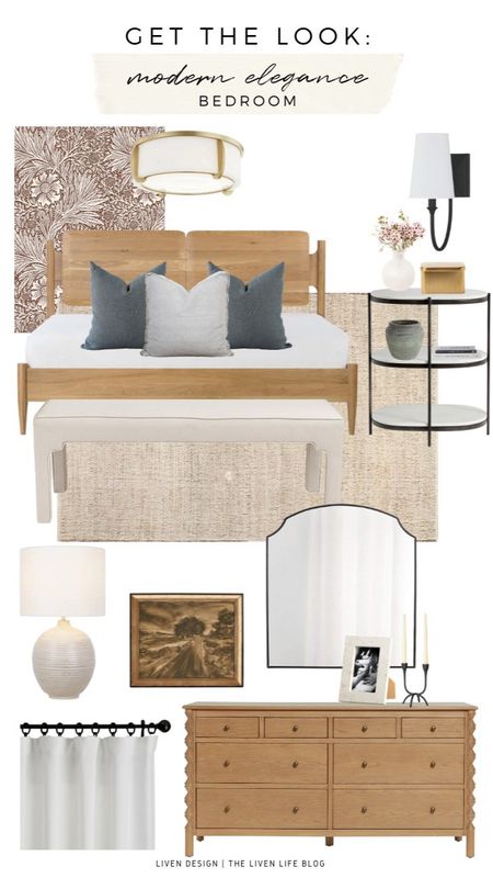 modern elegant bedroom. william morris wallpaper. natural rug. linen curtains. dresser. marble nightstand. wall scone linen shade. gray pillow. wood bed. ceramic white lamp. moody vintage landscape art. arch black mirror. upholstered end of bed bench. home accents.

#LTKSeasonal #LTKhome #LTKstyletip