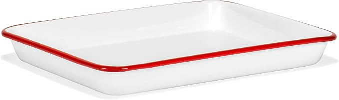 Red Co. 11" x 9" Enamelware Metal Classic 2 Quart Rectangular Serving Tray, Solid White/Red Rim | Amazon (US)