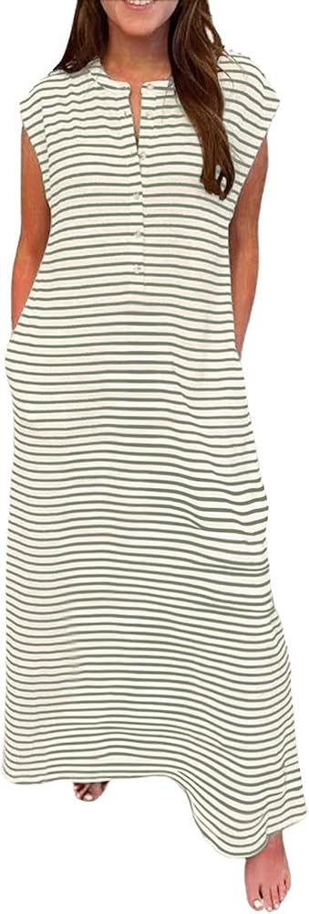 CHARTOU Loose Striped Flowy Long Dress for Women Summer Comfy Sleeveless Henley T Shirt Dress wit... | Amazon (US)