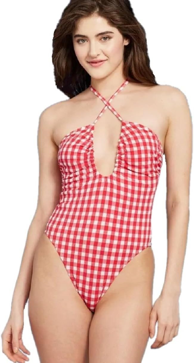 Wild Fable Women's Keyholes Cross Front Halter Ultra High Leg Cheeky Swimsuit Red Gingham | Amazon (US)