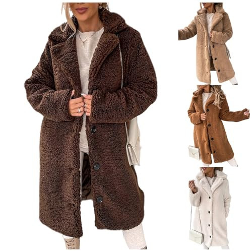 Women's Plush Long Coat Long Sleeve Solid Color Lapel Button Down Fleece Jacket Casual Trendy Outerwear Winter Coffee | Amazon (US)
