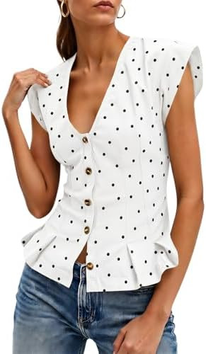 Cicy Bell Womens V Neck Vest Tops Cropped Ruffle Button Up Cotton Blouse | Amazon (US)