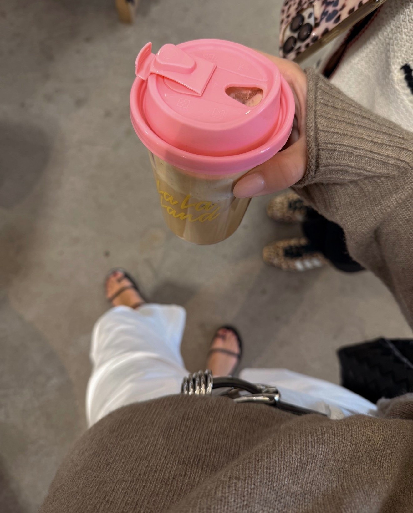 Easy spring outfit 
Sweater / size small 
Pants / size down 
Sandals / size up 1 full size 