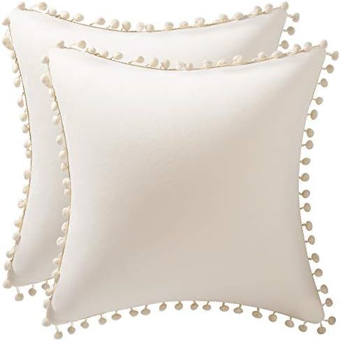 DEZENE Couch Pillow Covers 18x18 Cream: 2 Pack Cozy Soft Pom-poms Velvet Square Throw Pillow Case... | Amazon (US)