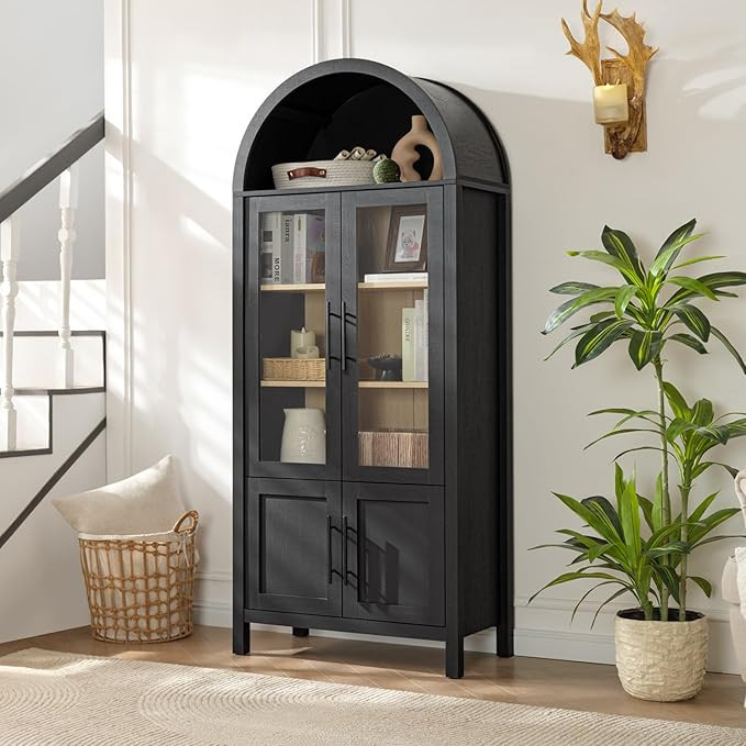 71" Tall Arched Display Cabinet, 5-Tier Bookshelf Modern Farmhouse Arched Bookcase with Glass Doo... | Amazon (US)