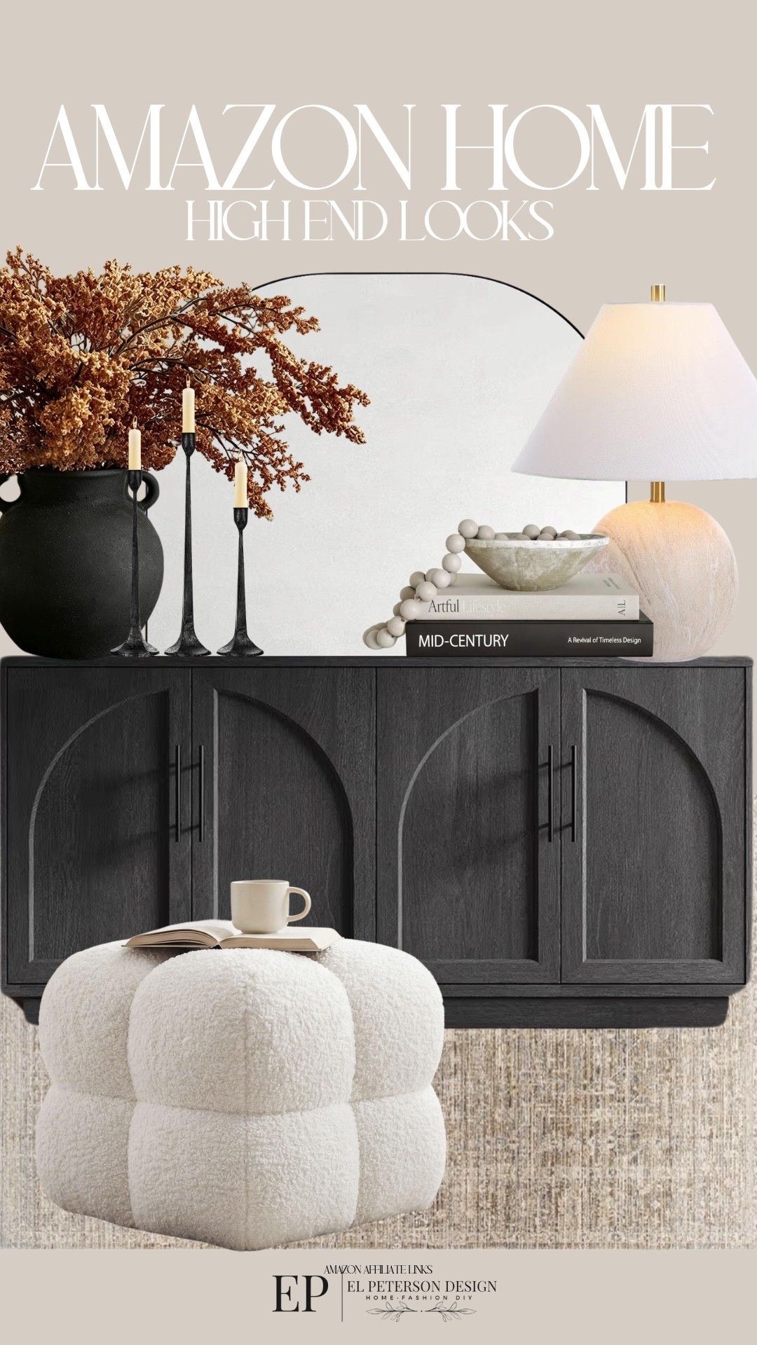 Amazon
Sideboard 
Vase
Candle holder
Table lamp
Decorative books
Mirror
Ottoman
Rug

#LTKHome