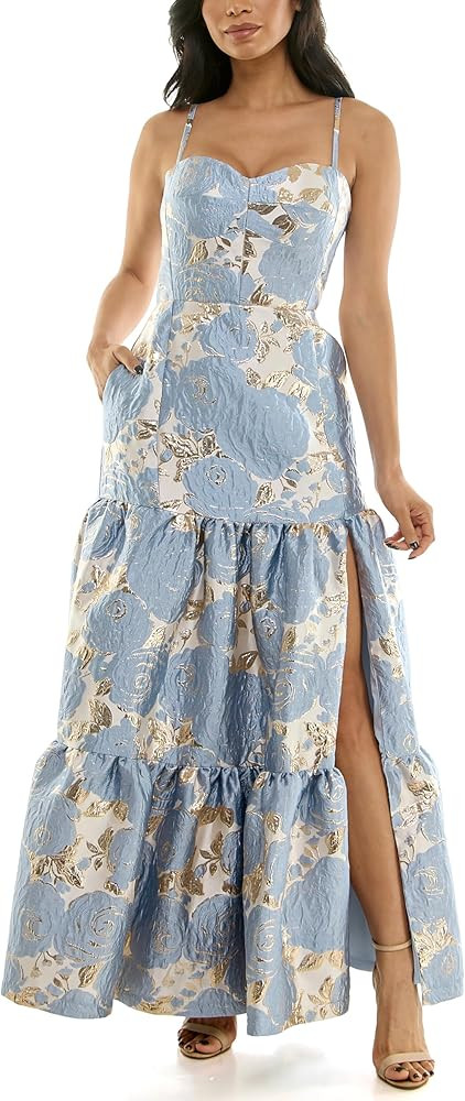 Women's Strappy Sleeveless Sweetheart Neck Floral Jacquard Tiered High Slit Gown | Amazon (US)