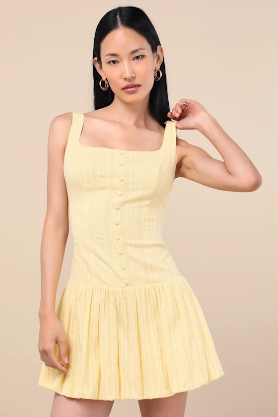 Khamari Yellow Textured Drop Waist Bubble-Hem Mini Dress | Lulus
