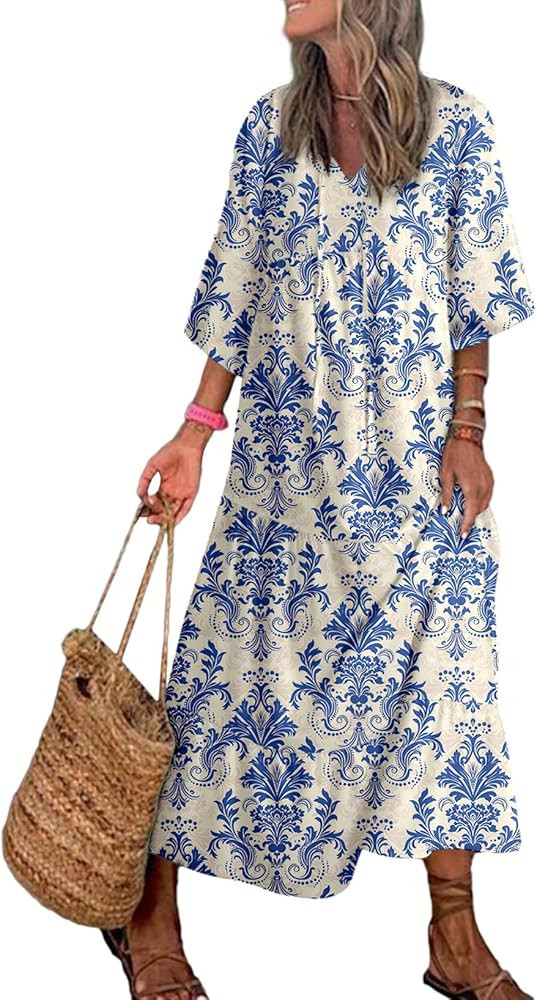 Dokotoo Women Boho Maxi Dresses 2024 V Neck Long Puff Sleeve Smocked Ruffle Flowy Casual Dress | Amazon (US)