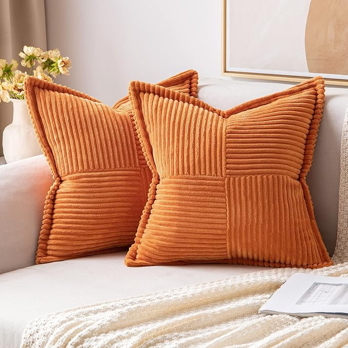 MIULEE Orange Pillow Covers 18x18 Inch with Splicing Set of 2 Super Soft Boho Striped Corduroy Pi... | Amazon (US)