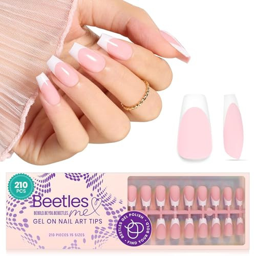 Beetles French Tip Press On Nails - 210 Pcs Pink Short Coffin Press On Nails 4 in 1 Nail Tips Gel Nail, No Need to File Tips Pre-Applied Primer and Base Coat, Reusable Fake Nails for Nail Art | Amazon (US)