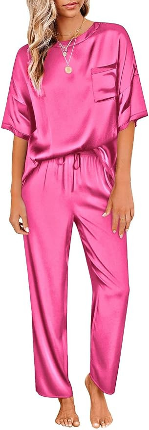 Ekouaer Womens Satin Silky Pajama Set Short Sleeve Shirt with Long Pajama Pant Set Soft PJ Lounge... | Amazon (US)