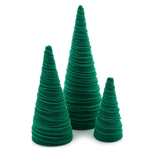 Green Velvet Cones Set of 3, Mantel Decor, Christmas tablescape, Tabletop Tree, Wedding Centerpiece, Modern Farmhouse, Gift for (Green) | Amazon (US)