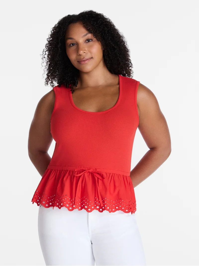 Time and Tru Women's Peplum Tank Top with Eyelet Trim, Sizes XS-XXXL | Walmart (US)