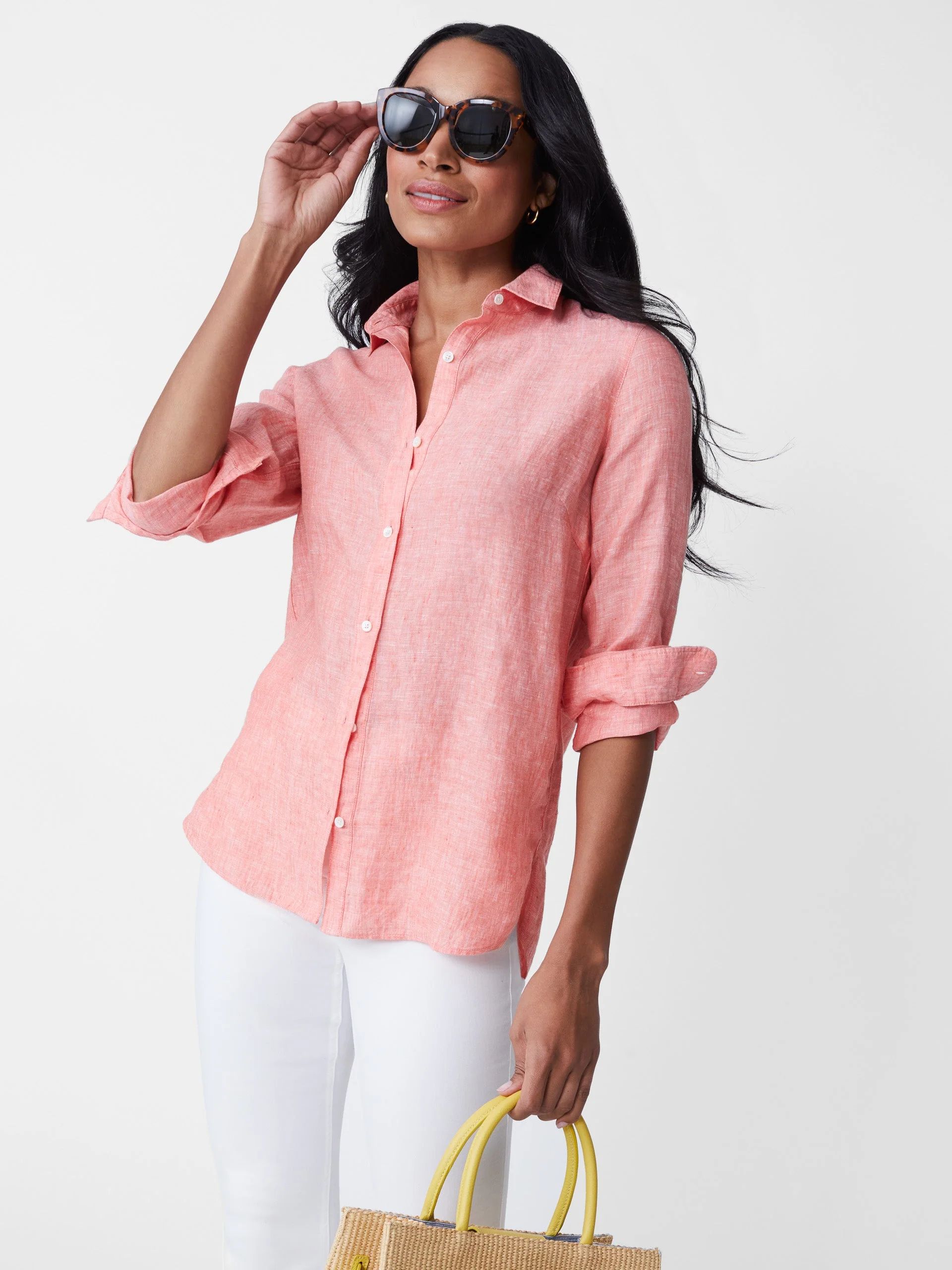 Tangerine Solid Britt Linen Shirt | Women's Tops  | J.McLaughlin | J.McLaughlin