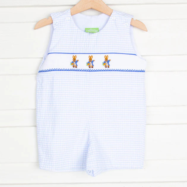 Storybook Rabbit Smocked Jon Jon Blue Windowpane Seersucker | Classic Whimsy