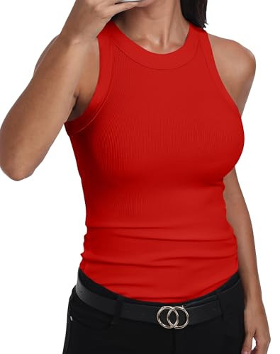 GEMBERA Womens Sleeveless Racerback High Neck Basic Ribbed Knit Fitted Tank Top Red M | Amazon (US)