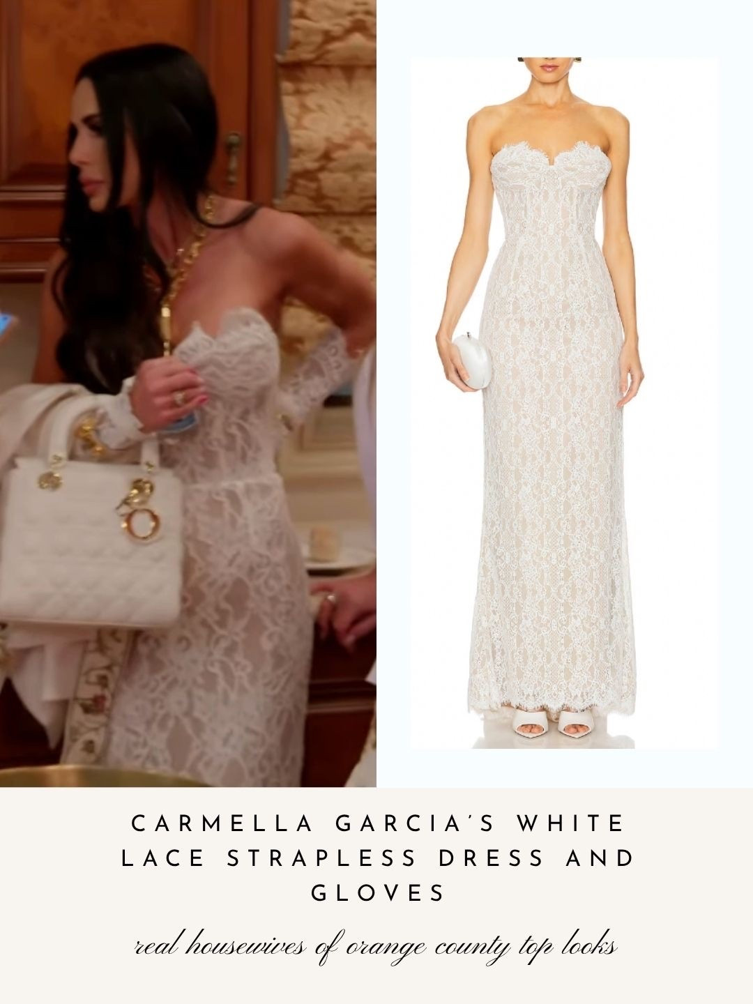 Carmella Garcia’s White Lace Strapless Dress and Gloves