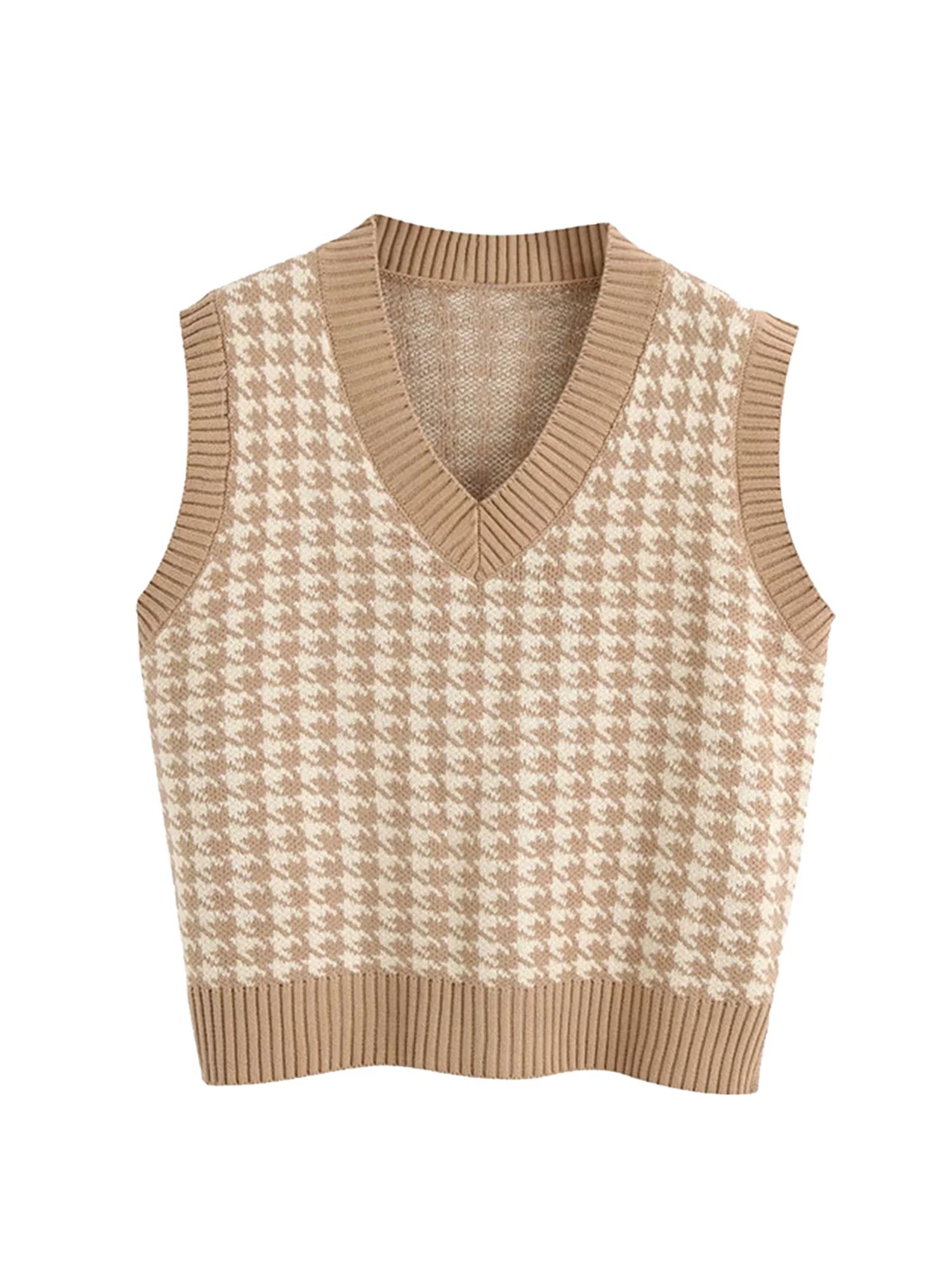 Women Houndstooth Sweater Vest Vintage Knitted V Neck Sleeveless Pullover Tops - Walmart.com | Walmart (US)