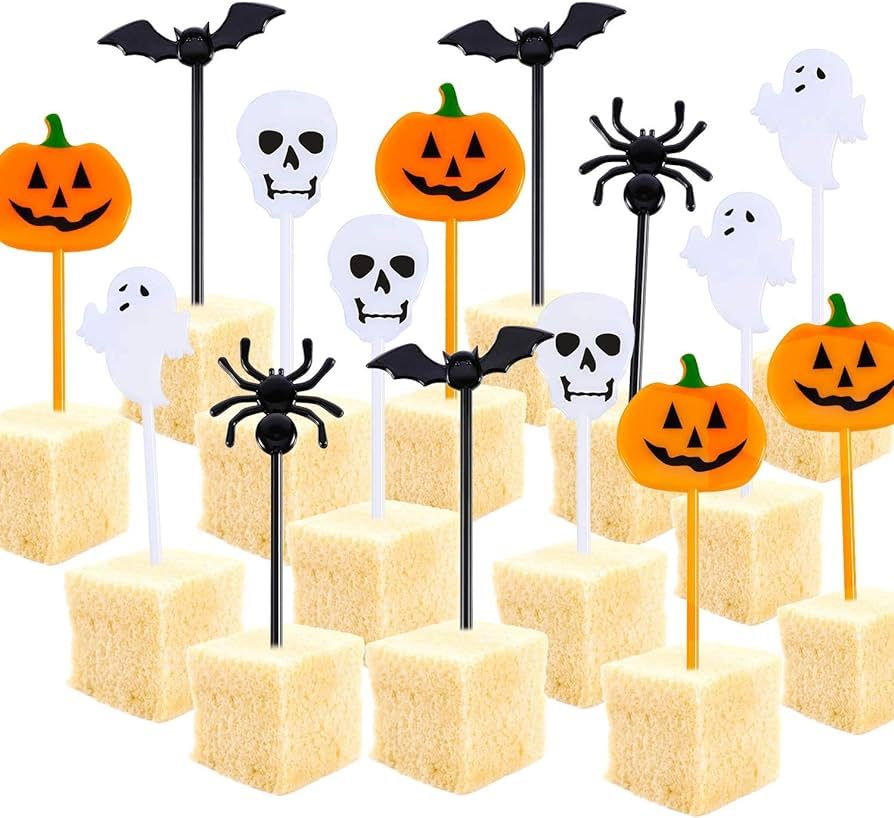 Tatuo 100 Pieces Plastic Halloween Picks Halloween Cupcake Topper Picks Ghost Pumpkin Bat Picks f... | Amazon (US)